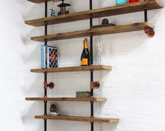 Barney Floor and Wall Mounted Shelving made with Reclaimed Scaffolding Boards, Dark Steel Pipe and Copper Powder Coated Adjustable Fittings