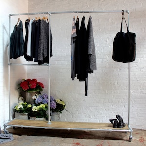 Michelle Galvanised Steel Pipe Clothes Rail / Rack with a Pipe Framed Reclaimed Wooden Shelf Mounted on Locking Rubber Castors