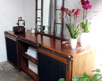 Kristen Patinated Copper Topped Reclaimed Scaffolding Board and Sliding Steel Inlaid Doors Bathroom Unit with Industrial Sink and Mixer Tap