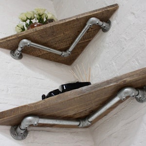 Vikki Pair of Reclaimed Wood Corner Shelves with Galvanised Steel Pipe Wall Brackets - bespoke industrial furniture by www.urbangrain.co.uk