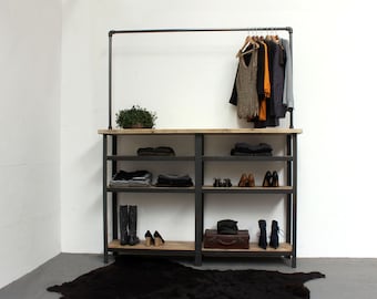 Malley Shoe Shelves and Clothes Hanging Rail - Bespoke handmade reclaimed scaffolding board shelves with hanging rail - www.urbangrain.co.uk