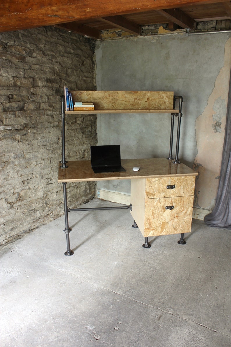 Braithwaite highly gloss lacquered OSB and Birch Ply Desk with Storage Drawers and Shelf above image 5