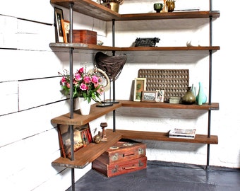 Malin Floor and Wall Mounted Mitred Corner Shelving Unit made with Reclaimed Scaffolding Boards and Dark Steel Pipe