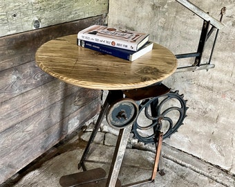 Freya Antique and Repurposed Band Saw Side Table with Reclaimed Scaffolding Board Top - www.urbangrain.co.uk