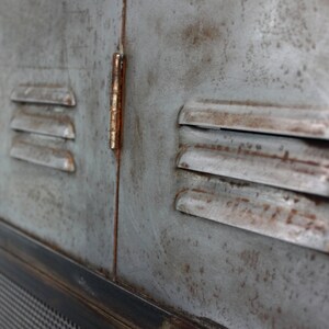 David Chestnut Stained Reclaimed Scaffolding Board, Dark Steel Pipe and Copper Fittings Open Wardrobe/Closet, Vintage Locker Sliding Doors image 9