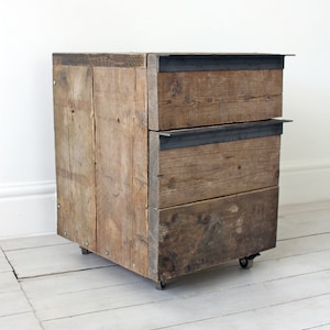 Katy Reclaimed Scaffolding Board Drawer Unit on Castors with Dark Steel Angular Handles - Filing/Bedside/ Cabinet - www.urbangrain.co.uk