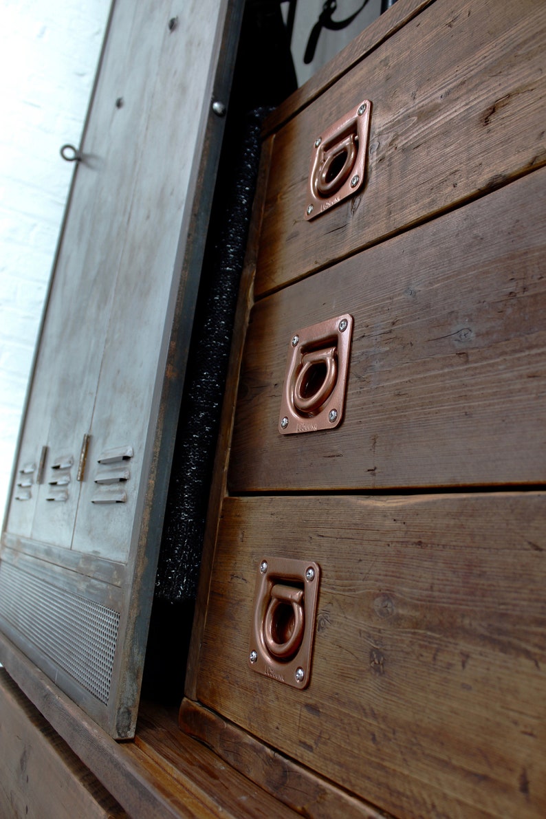 David Chestnut Stained Reclaimed Scaffolding Board, Dark Steel Pipe and Copper Fittings Open Wardrobe/Closet, Vintage Locker Sliding Doors image 6