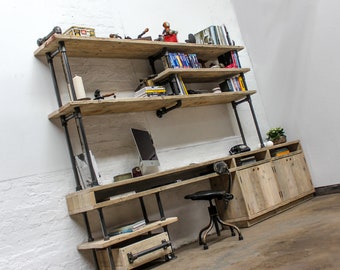 Pourreza Reclaimed Scaffolding Boards, Industrial Style Steel Pipe Office/Desk Cupboards and Shelves - Bespoke Furniture by urbangrain.co.uk