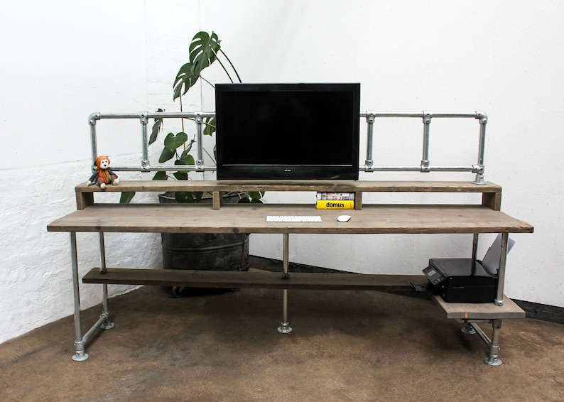 Ethan Reclaimed Scaffolding Board Industrial Style Desk with Built In Storage, Overhead Monitor Mounting Rails and Corner Under Shelf image 5