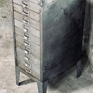 Reclaimed Vintage Urban Industrial 1950s Stripped Steel 10 Drawer Filing Cabinet with steel subject holder handles www.urbangrain.co.uk image 6