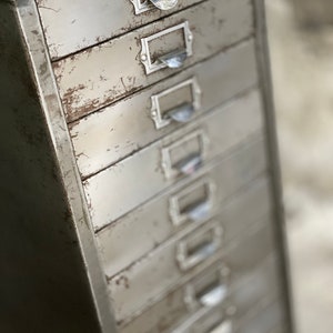 Reclaimed Vintage Urban Industrial 1950s Stripped Steel 10 Drawer Filing Cabinet with steel subject holder handles www.urbangrain.co.uk image 2