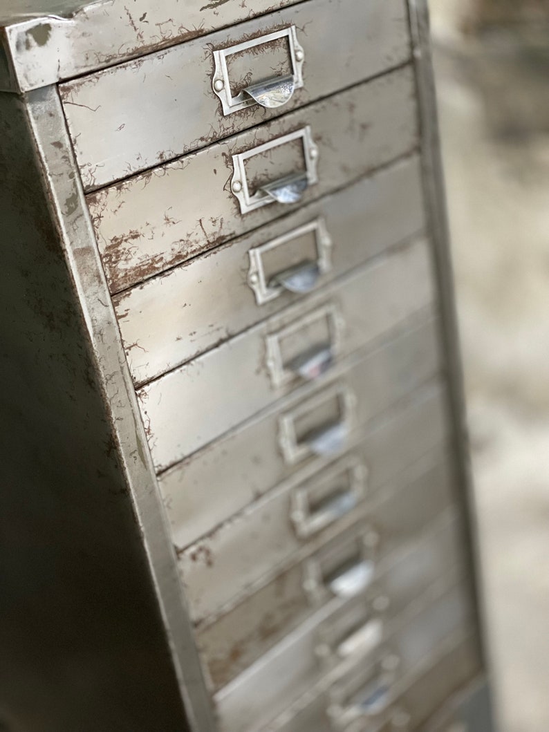 Reclaimed Vintage Urban Industrial 1950s Stripped Steel 10 Drawer Filing Cabinet with steel subject holder handles www.urbangrain.co.uk image 2