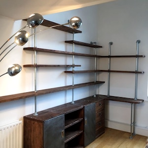 Caterina Scaffolding Board and Dark Steel Pipe Shelving, Desk and Storage Unit incorporating Vintage Metal Doors - www.urbangrain.co.uk