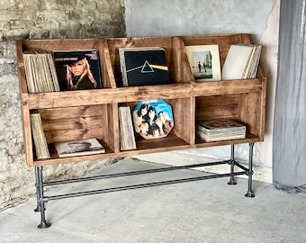 Jenkins Double Layered Handmade Record/Vinyl Storage Unit, made to measure with decommissioned scaffolding boards and dark steel gas pipes