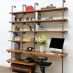 Nita Chestnut Stained Reclaimed Scaffolding Board and Dark Steel pipe Curved Shelving and Desk Unit - Bespoke Furniture www.urbangrain.co.uk