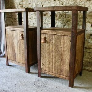 Paragon Pair of Industrial Reclaimed Scaffolding Board Bedside Cupboards with Distressed Angle Iron Legs - www.urbangrain.co.uk