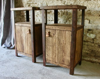 Paragon Pair of Industrial Reclaimed Scaffolding Board Bedside Cupboards with Distressed Angle Iron Legs - www.urbangrain.co.uk