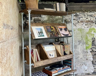 Warren Quadruple Layered Handmade Record/Vinyl Storage, Display and Shelf Unit, made with reclaimed scaffolding boards and galvanised steel