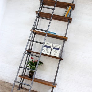 Brooklyn Handmade Reclaimed Scaffolding Boards and Dark Steel Pipe Bookcase with Fully Adjustable Shelves and Ladder - www.urbangrain.co.uk