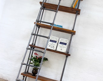 Brooklyn Handmade Reclaimed Scaffolding Boards and Dark Steel Pipe Bookcase with Fully Adjustable Shelves and Ladder - www.urbangrain.co.uk