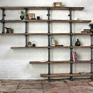 Emilie Asymmetric Reclaimed Scaffolding Boards and Dark Steel Pipe Shelves/Bookcase - Bespoke Urban Shelving System by www.urbangrain.co.uk