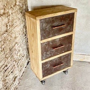 Helder Reclaimed Scaffolding Board and Patinated Steel Drawer Unit on Dark Steel Legs with Aged Copper Handles - Filing, or Bedside, Cabinet