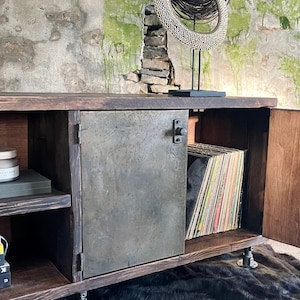 Werner Industrial Reclaimed Scaffolding Board and Recycled Steel Sideboard / Cupboard / Credenza with Shelves by www.urbangrain.co.uk