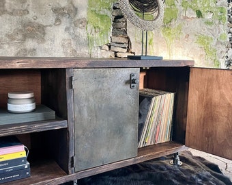 Werner Industrial Reclaimed Scaffolding Board and Recycled Steel Sideboard / Cupboard / Credenza with Shelves by www.urbangrain.co.uk