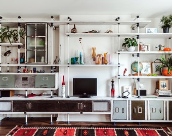 Ferrando Scaffolding Board and White Powder Coated Pipe Multi Media/Shelving/Storage Unit incorporating Vintage Filing Cabinet Drawer Fronts