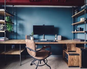 Leeson Reclaimed Scaffolding Board and Pipe Industrial Style Desk with Shelving and Storage Space - bespoke design by www.urbangrain.co.uk