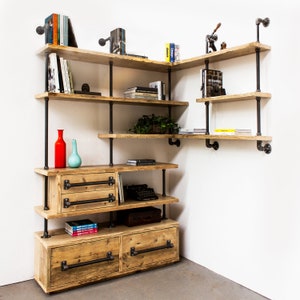 Earl Industrial Reclaimed Scaffold Board and Dark Steel Pipe Multi Media and Corner Shelving Unit. Bespoke systems by www.urbangrain.co.uk