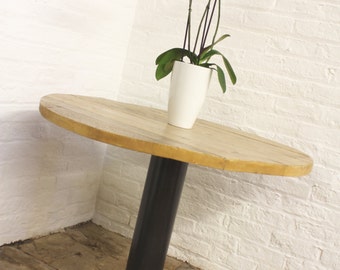 Savary Pedestal Reclaimed Scaffolding Timber Circular Bistro Table with Dark Steel Pipe and Heavy Pedestal Base by urbangrain.co.uk