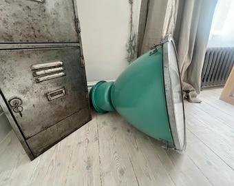 Identical Pair of Large Mid-century Turquoise or Aqua Industrial Metal Enamel or Warehouse Factory Pendant Ceiling Lights