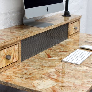 Pinder highly gloss lacquered OSB Industrial Desk with Storage Drawers and perforated steel radiator cover detail - www.urbangrain.co.uk