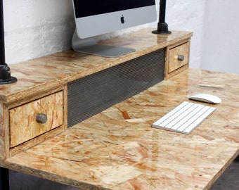 Pinder highly gloss lacquered OSB Industrial Desk with Storage Drawers and perforated steel radiator cover detail - www.urbangrain.co.uk
