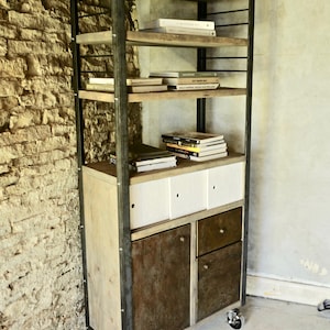 Cecile Welded Angle Iron Framed Storage Unit with Reclaimed Scaffold Wood, Painted OSB and Patinated Steel Fronted Cupboards and Drawer