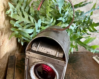 Vintage Stripped Distressed Steel Urban Upcycled Industrial Road Workers / Railway Signalling Candle Holder Lantern