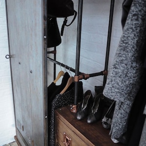 David Chestnut Stained Reclaimed Scaffolding Board, Dark Steel Pipe and Copper Fittings Open Wardrobe/Closet, Vintage Locker Sliding Doors image 3