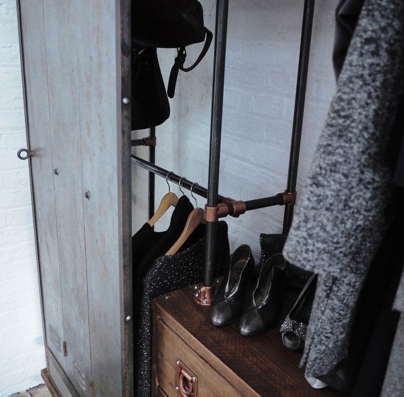David Chestnut Stained Reclaimed Scaffolding Board, Dark Steel Pipe and Copper Fittings Open Wardrobe/Closet, Vintage Locker Sliding Doors image 3
