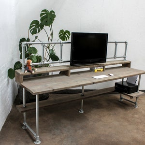 Ethan Reclaimed Scaffolding Board Industrial Style Desk with Built In Storage, Overhead Monitor Mounting Rails and Corner Under Shelf image 1