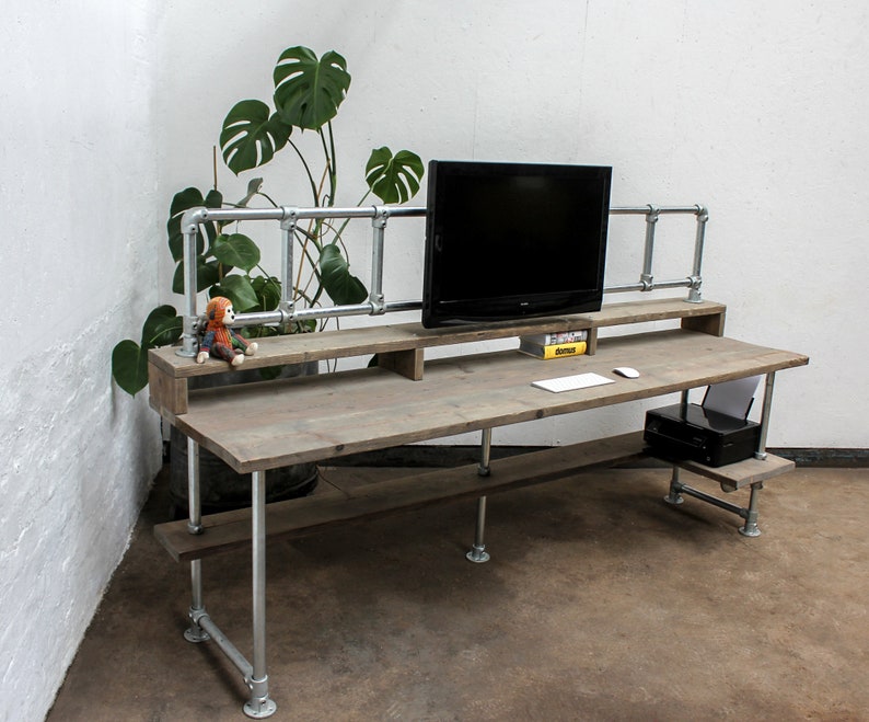 Ethan Reclaimed Scaffolding Board Industrial Style Desk with Built In Storage, Overhead Monitor Mounting Rails and Corner Under Shelf image 1
