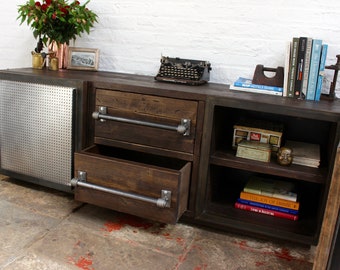 Shipton Industrial Reclaimed Scaffolding Board and Perforated Steel Sideboard/Cupboard With Drawers, Bespoke, Made to Order Furniture