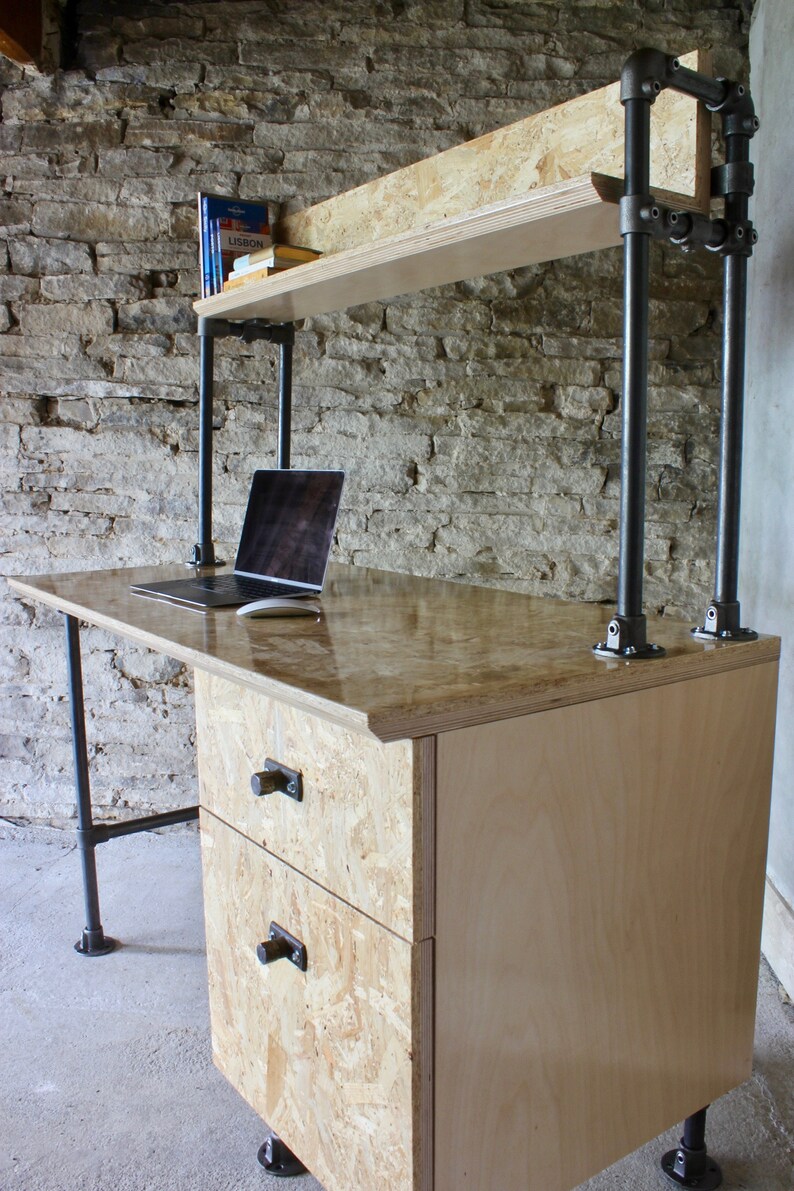 Braithwaite highly gloss lacquered OSB and Birch Ply Desk with Storage Drawers and Shelf above image 7