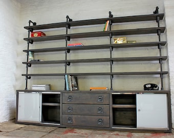 Luigi Reclaimed Grey Washed Scaffolding Board Cupboard/Drawer Unit with Painted Glass Sliding Doors and Dark Steel Pipe Supported Shelving