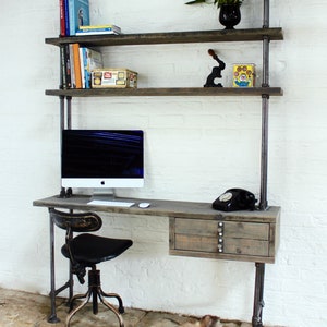 Cherie Reclaimed Grey Washed Scaffolding Board Urban Industrial Desk with Drawers and Incorporated Shelving - www.urbangrain.co.uk