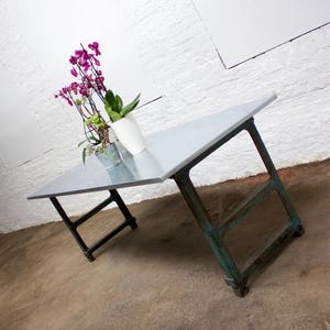 Saunders Industrial Zinc Topped Table with vintage reclaimed metal workers workbench legs - made to measure furniture www.urbangrain.co.uk