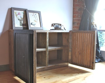 Sam Reclaimed Scaffolding Board Media Unit with Slatted Wood and Perforated Steel Clad Doors - Bespoke Furniture by www.urbangrain.co.uk