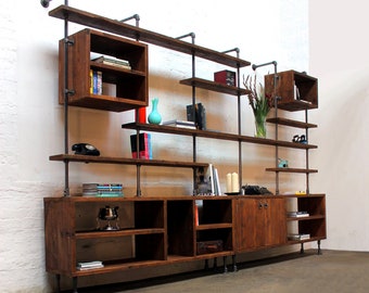 Samuel Industrial Reclaimed Scaffolding Board and Dark Steel Pipe Multi Media and Shelving Unit. Bespoke systems by www.urbangrain.co.uk