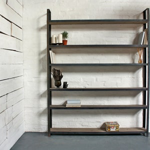 Tom Bespoke Reclaimed Scaffolding Boards and Dark Steel Framed Free Standing Shelves/Bookcase/Storage- made to order industrial furniture