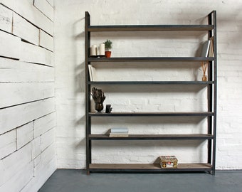 Tom Bespoke Reclaimed Scaffolding Boards and Dark Steel Framed Free Standing Shelves/Bookcase/Storage- made to order industrial furniture